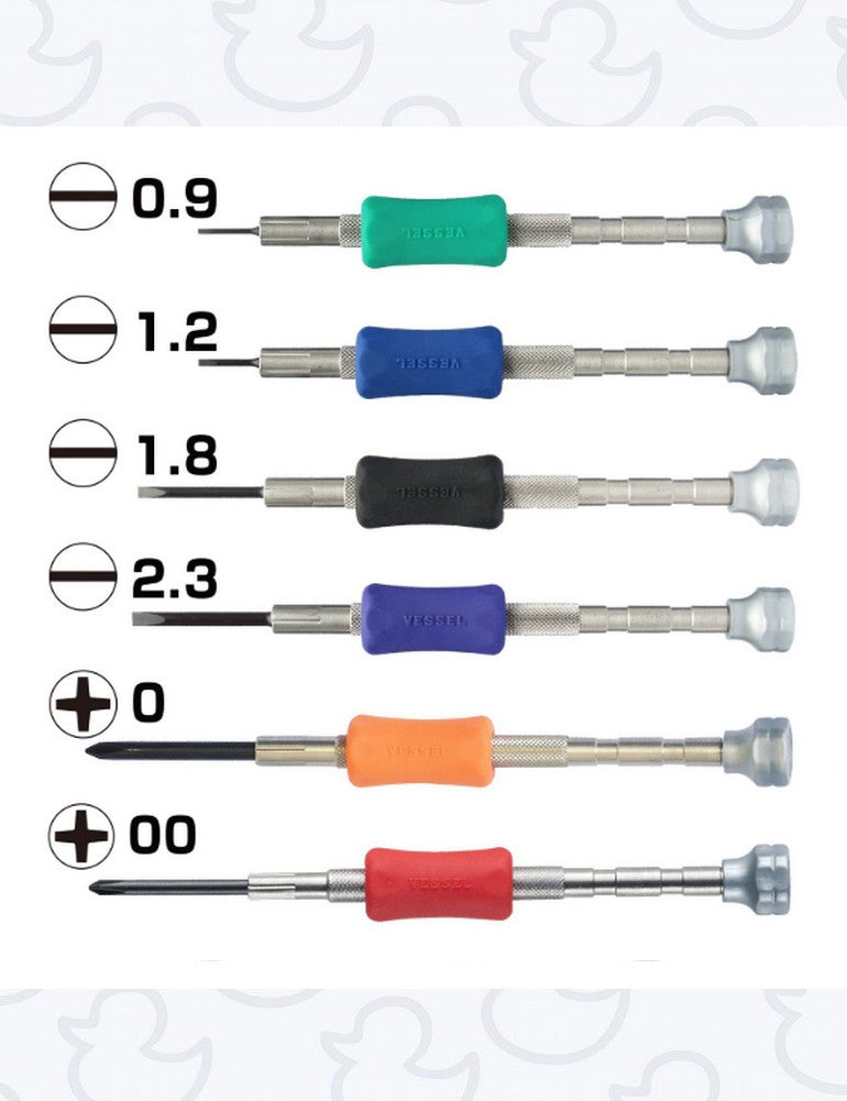 Série de Micro Tournevis VESSEL plat / cruciforme / Douille emmanchés Made in JAPAN